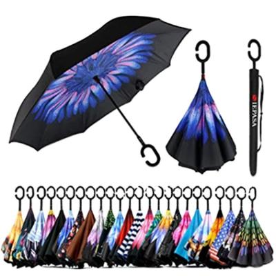 China American Style Best-selling Windproof Fiberglass black reverse inverted umbrella double layer with Customized bag for car for sale