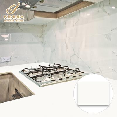 China Modern Pure White Kitchen Countertop Artificial Quartz Stone Slabs For Customized Prefab Kitchen Table Island for sale