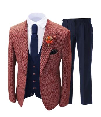 China 3 Piece Mens Suit Wedding Plaid Jacquard Design Business Wool Tweed Groom Canine Suit Slim Warm Breathable for sale