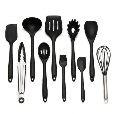 China Sustainable 12 pieces black cooking tools sets Kitchen ware spatula silicone kitchen ware utensils and wooden handle for sale