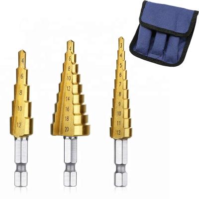 China 3PCS HSS Drilling Step Drill Bits Titanium Coated Metal 3-12/4-12/4-20mm Taper Cut High Speed Steel Wood Drilling Machine Tools for sale