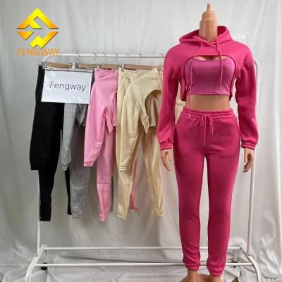China Women Breathable Long Sleeve Crop Winter Hoodie Top Vest And Sweatpants Thick Sweatsuit 3 Pieces Set for sale