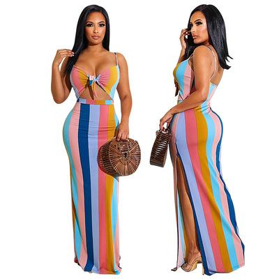China 2021 New Autumn Breathable Women Clothes Print Color Stripes 2 Piece Skirt Set Sling Crop Top With Split Maxi Skirt Suit for sale
