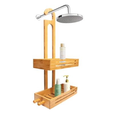 China Wall Mounted Type - 2 Tier Bamboo Hanging Mounted Shower Caddy Bathroom Storage With Hook for sale