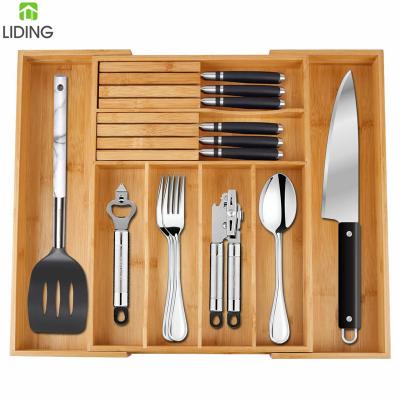 China Sustainable Bamboo Expandable Kitchen Drawer Organizer With Knife Block for sale