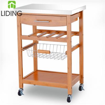 China Kitchen Furntiure Bamboo Island Cart Rolling Bamboo Cart With Stainless Steel Top for sale