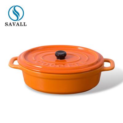China Mikrowellen-Oven Safe Glazed Two Ear-Griff-Porzellan-Gratin-Schüssel mit Abdeckung zu verkaufen