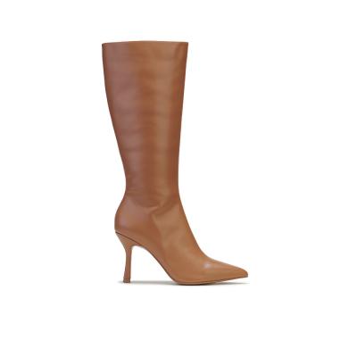 China Thigh High Boots Stiletto Heel Camel Leather Knee-High Pointed Toe Boots for sale