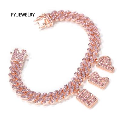 China Hiphop Pink Cuban Chain Baguette Initial Letter Charms Anklets Women Bracelet Anklet Chain With Letters for sale