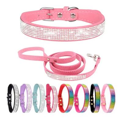 China Stocked Wholesale PU Leather Pet Cat Dog Collar & Leashe Set Bling Diamond Rhinestone Luxury Pet Collar &Leashes for sale