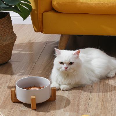 China Sustainable Pet Food Water Bowl for Dog and Cat Ceramic Pet Bowl with Wood Stand Non-Slip Multi-color Pet Bowls for sale