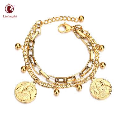 China BOHEMIA Titanium Steel 18K Gold Plated Chain Link Coin Charm Bracelet Stainless Steel Coin Charm Bracelet for sale