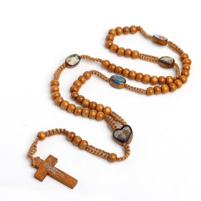 China Jerusalem Jewelry Cross Jesus Prayer Beads Religious Natural Wooden Hand Knitted Religious Catholic Rosary for sale