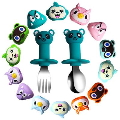 China Wholesale BPA Free Cartoon Training Fork and Spoon Non-Toxic Stainless Steel Toddler Kids Feeding Reusable Silicone Baby Spoon and Fork for sale