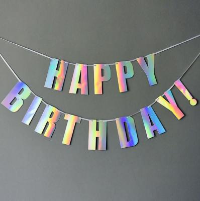 China Wedding Decoration / Iridescent Hanging Bunting Holographic Happy Birthday Banner String Flag Garland Home Decoration For Unicorn Parties for sale