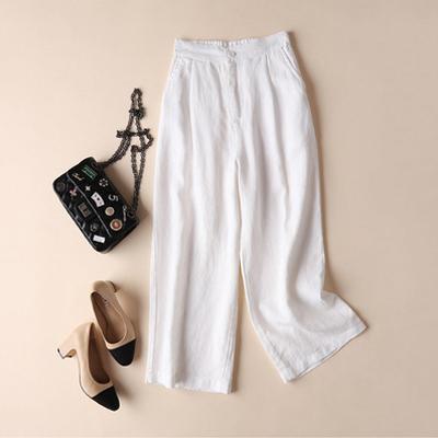 China Whosale Loose Line Women Solid Color Breathable Leg Summer Pants Cotton Wide Leg Pants Cropped Trousers For Women for sale