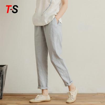 China Women's Casual Pants Trousers Elastic Waist Straight Loose Slim Viable Canvas Trousers for sale