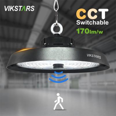 China 170lm/w hohe Leuchtdichte UFO High Bay Lichter Unterstützung 3CCT mit Bewegungssensor Lager Industrielampen zu verkaufen