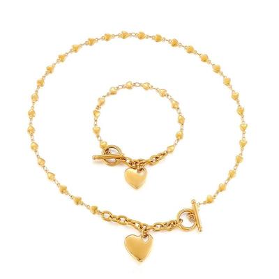 China Non Tarnish Jewelry Love Heart Toggle Necklace Bracelet Design 18k Gold Plated Women Stainless Steel Jewelry Sets for sale