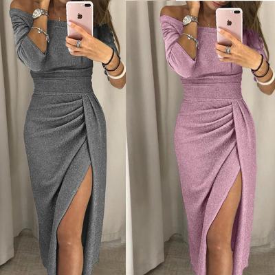 China Breathable Ladies Dress Hip Wrap Neckline Slit Glitter Dinner Dress for sale