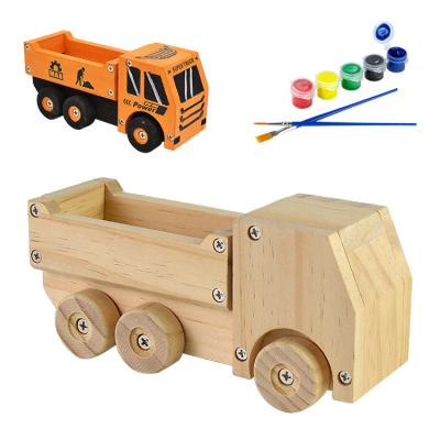 China Build by screwdriver wooden diy drawing dump truck construction toys set wholesalers for kids for sale