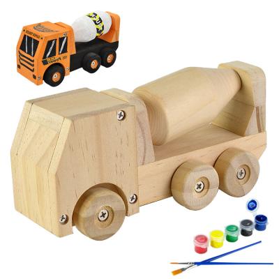 China Construction By Screwdriver Wooden Unfinished Building Concrete Mixer Truck Educational DIY Toys for sale