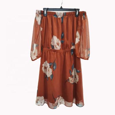 China Summer Casual Dress Anti-Static Floral Printing Dark Blue Puff Sleeve Off The Shoulder Floral Dress Women's Wear for sale
