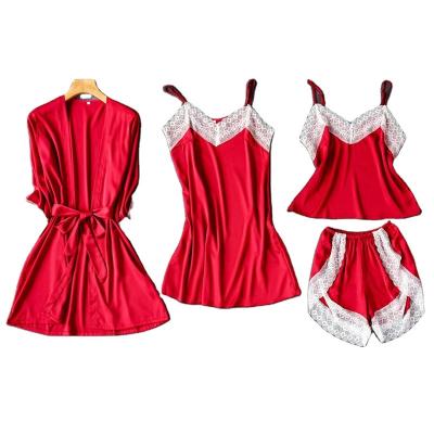 China Customized silk QUICK DRY 3 piece shorts pajamas set with lace trim for sexy woman for sale