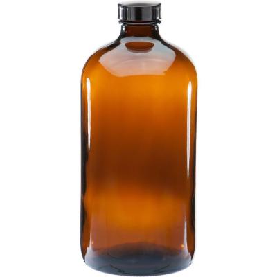 China 1000ml 1liter Pharmaceutical Amber Glass Bottles Boston Round With Cap for sale