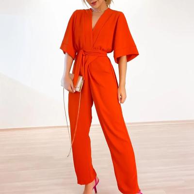 China New Product Spring V-Neck Large Size Loose QUICK DRY Solid Color Short Sleeve Tied Rope Waist Straight Women's Overalls for sale