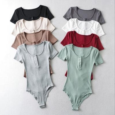 China QUICK DRY custom stylish short sleeve sexy round neck ribbed slim stretch romper bottoming tops shirt jumpsuits for women for sale