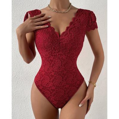 China Solid color of the European perspective summer QUICK DRY new lace onesie deep V backless jumpsuit for sale