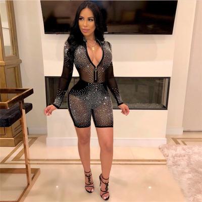 China Customized LOGO Breathable Plus Size Women's New Fashion Rhinestone Mesh Overalls xyzH3243 for sale