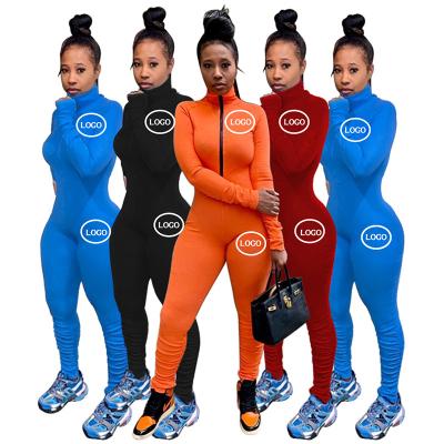 China Customized LOGO Women Overalls 2021 High Elasticity Solid Color QUICK DRY Ribbed Zipper Pleated Long Sleeve Jumpsuit CQ921 for sale