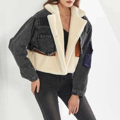 China best new sale winter fashion contrast color wholesale Anti-wrinkle stitching loose thick denim ladies woolen casual coat TJA26234 for sale