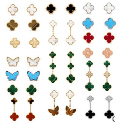 China CLASSIC high quality sterling silver lucky clover leaf earrings 100% original S925 logo earrings for women natural stone jewelry set for sale