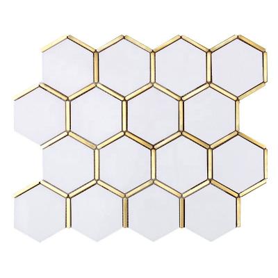 China Natural Stone with metal inlay Mixed Marble Tiles With Golden Brass Metal Hexagon Pattern Natural Stone Polished Wall Tile Mosaics for sale