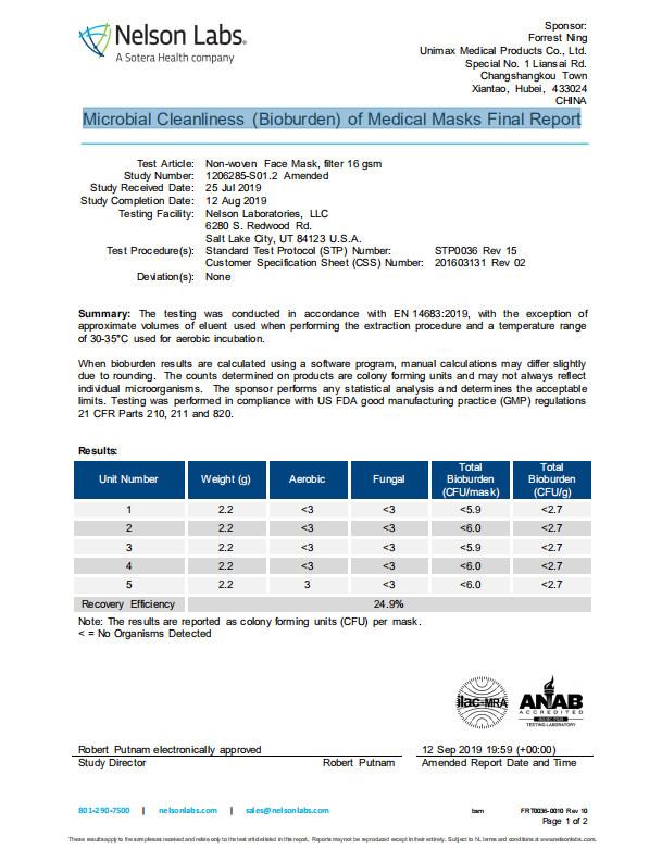 TYPE II OR TYPE IIR, Microbial Cleanliness - Unimax Medical Products Co., Ltd