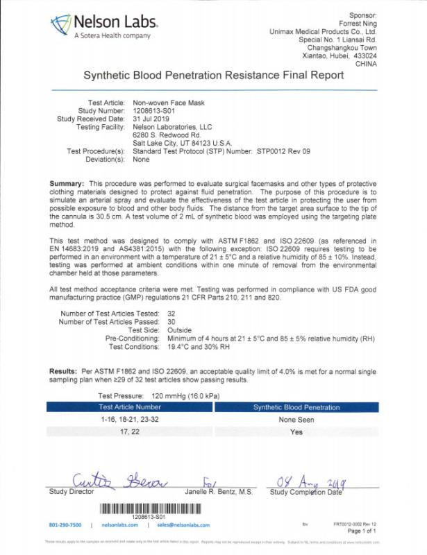 TYPE IIR Synthetic Blood Penetration - Unimax Medical Products Co., Ltd