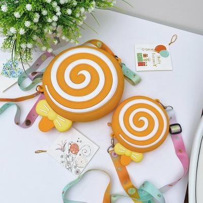 China 2021 fashion candy color silicone children jelly small handbag small cross shoulder child wide jelly bags girl cartoon lollipop purse for sale