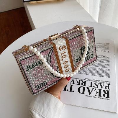 China Luxury Lady Girls Bags And Purses Fashion Rhinestone Motion Sensing Cross - Body Silver Design Pearl Handle Women Mini Handbags With Chain for sale
