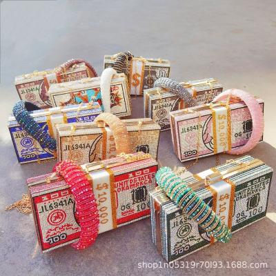 China 2021 Fashion Rhinestone Lady's Purse Bag Set Gold Daily Wholesale Gold Cross Lash Box Women Glitter Money Evening Clutch Chain Bag and Headband for sale