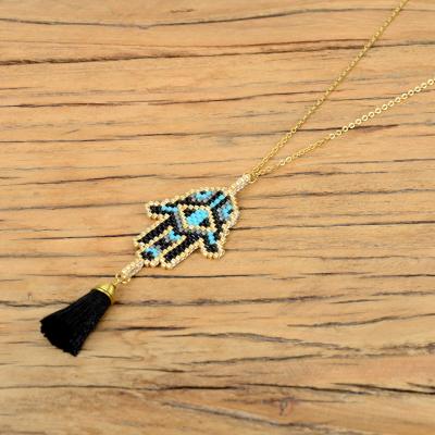 China Wholesale Price 2 Color Bohemia New Design Fatima Hand Tassel Miyuki Pendant Necklace for sale