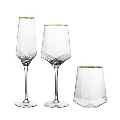 China Wine glass Transparent diamond wine glasses gold rimmed glass glasses fancy vintage champagne glasses party weddings gifts for sale