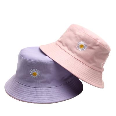 China 100% Wide Striped Cotton Embroidery Daisy Bucket Cap Double Sides Sun Foldable Flower Brim Hat With Tie for sale
