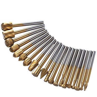 China 20PC HSS High Speed Steel Titanium Plated Rotary Burr File Set Woodworking Drilling Carving Tools for sale