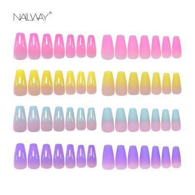China ABS Gradient Color Easy Press Apply Long Coffin / Ballerina Custom Handcrafted 24 Pcs On Nails for sale