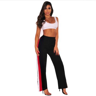 China Viable Casual Fashion Contrast Color Striped Wide Leg Pants Slit Fork Buckle Sports Casual Pants for sale