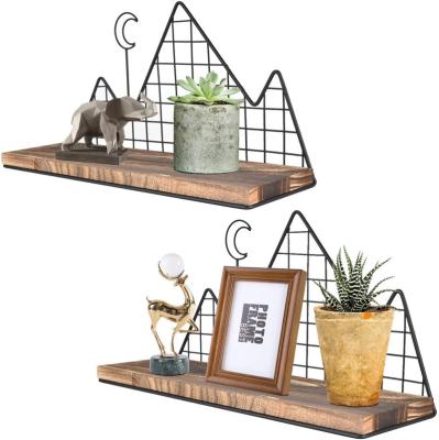 China Easy Assembly Wall Mount Shelves Rustic Wooden Display Storage Shelf With Metal Wire For Office for sale