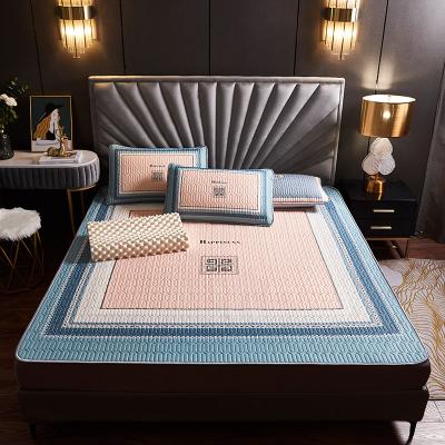 China Nondisposable Exquisite Bed Mat Set Quality Natural Latex Ice Silk Mattress Topper With Non-slip Strip 3 Pieces for sale